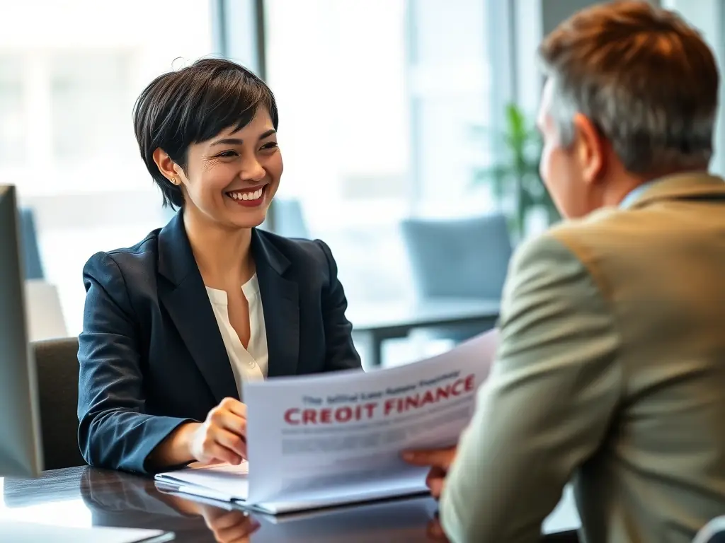 A Credit Go Finance representative is reviewing a loan application document with a client, both smiling and engaged in a positive discussion.