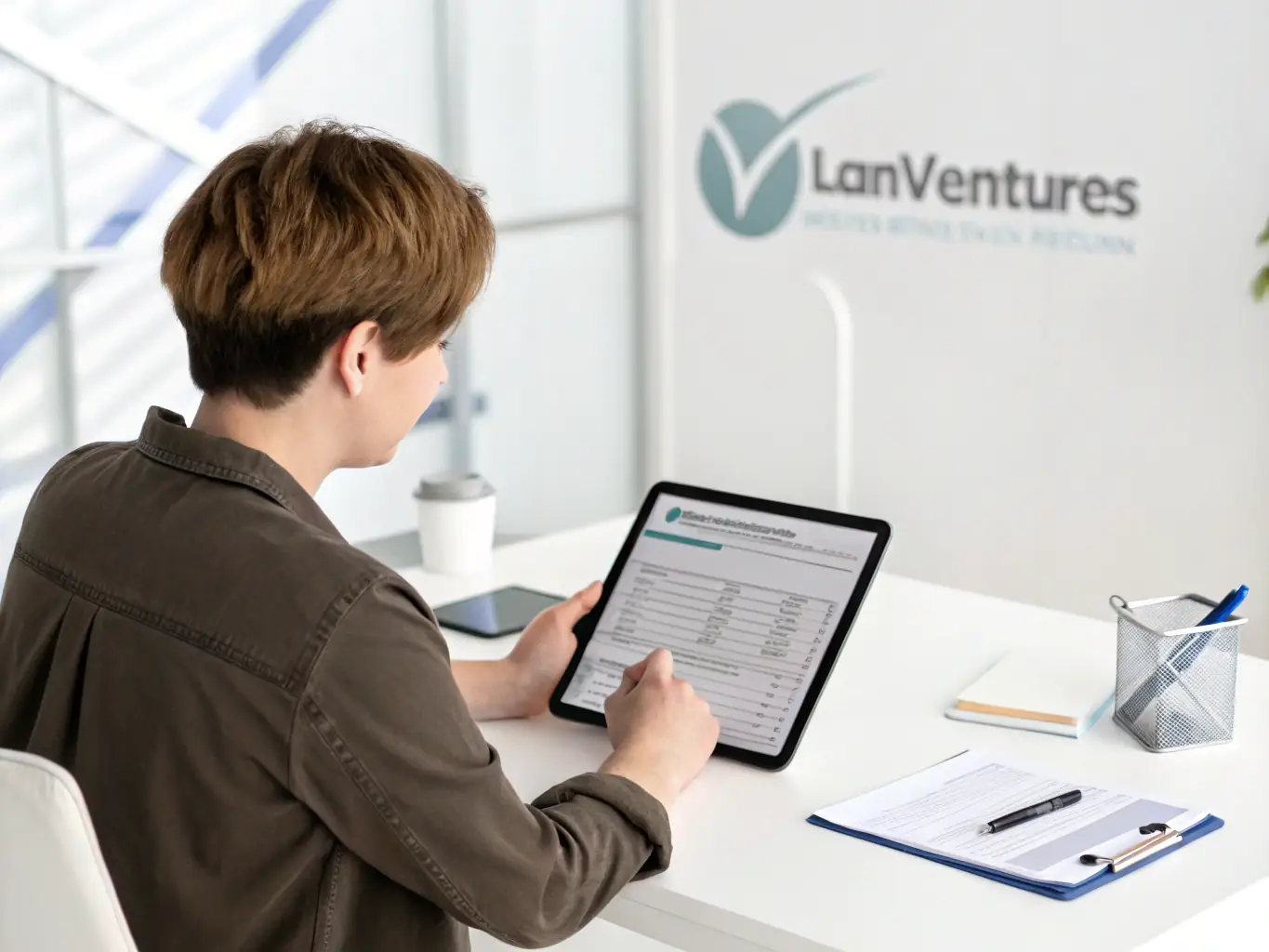 A person is filling out a loan application form on a tablet, with a pen in hand, in a well-lit office setting. The Credit Go Finance logo is subtly visible in the background.