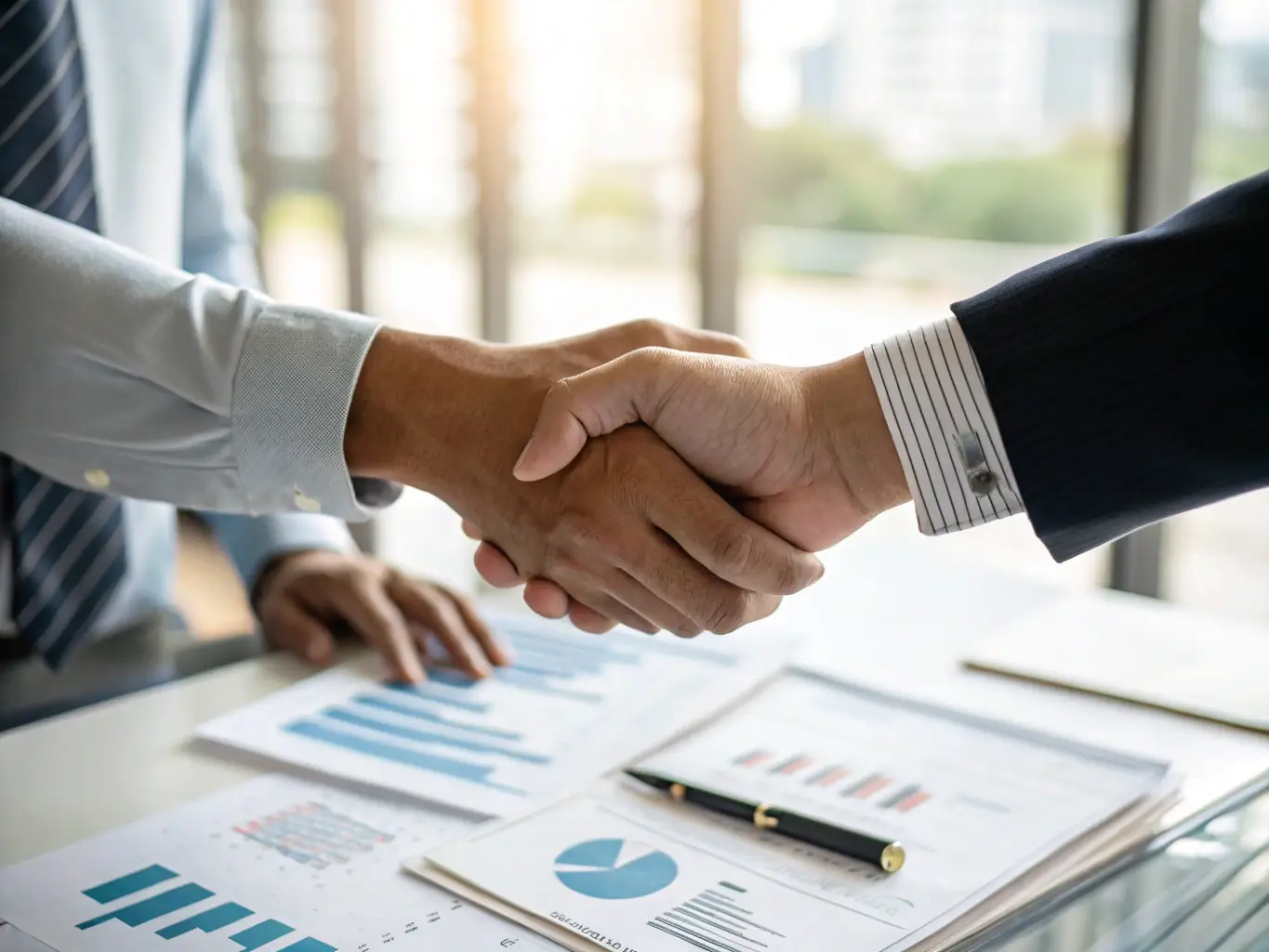 A person is receiving funds, symbolizing loan disbursement, with a handshake between the client and a Credit Go Finance employee.